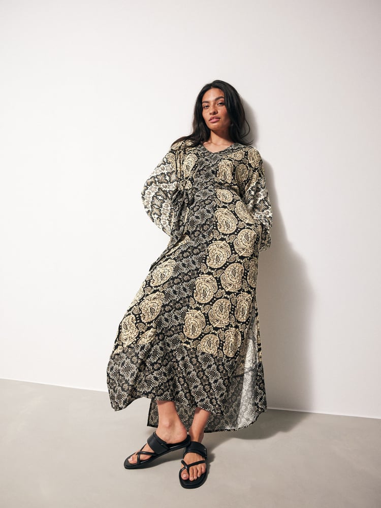 Black/Cream Summer Maxi Kaftan Dress - Image 1 of 7