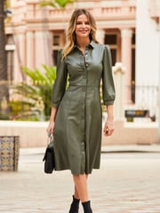 Sosandar Green Faux Leather Popper Front Shirt Dress - Image 1 of 4