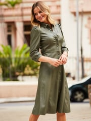 Sosandar Green Faux Leather Popper Front Shirt Dress - Image 3 of 4