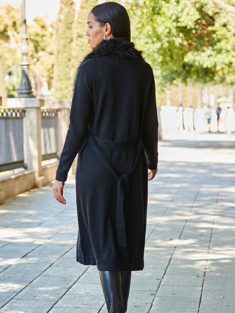 Sosandar Black Faux Fur Trim Longline Cardigan - Image 2 of 5