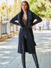 Sosandar Black Faux Fur Trim Longline Cardigan - Image 4 of 5