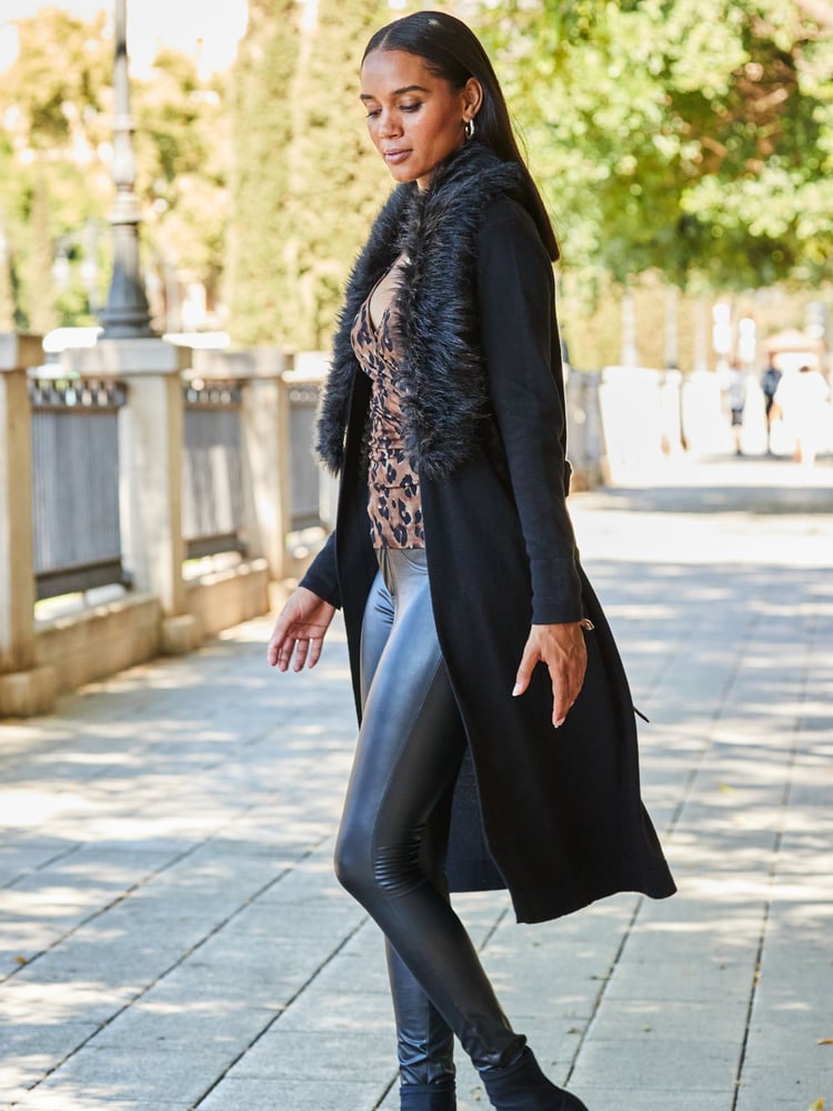 Sosandar Black Faux Fur Trim Longline Cardigan - Image 5 of 5