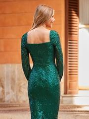 Sosandar Green Sequin Square Neck Pencil Dress - Image 3 of 4