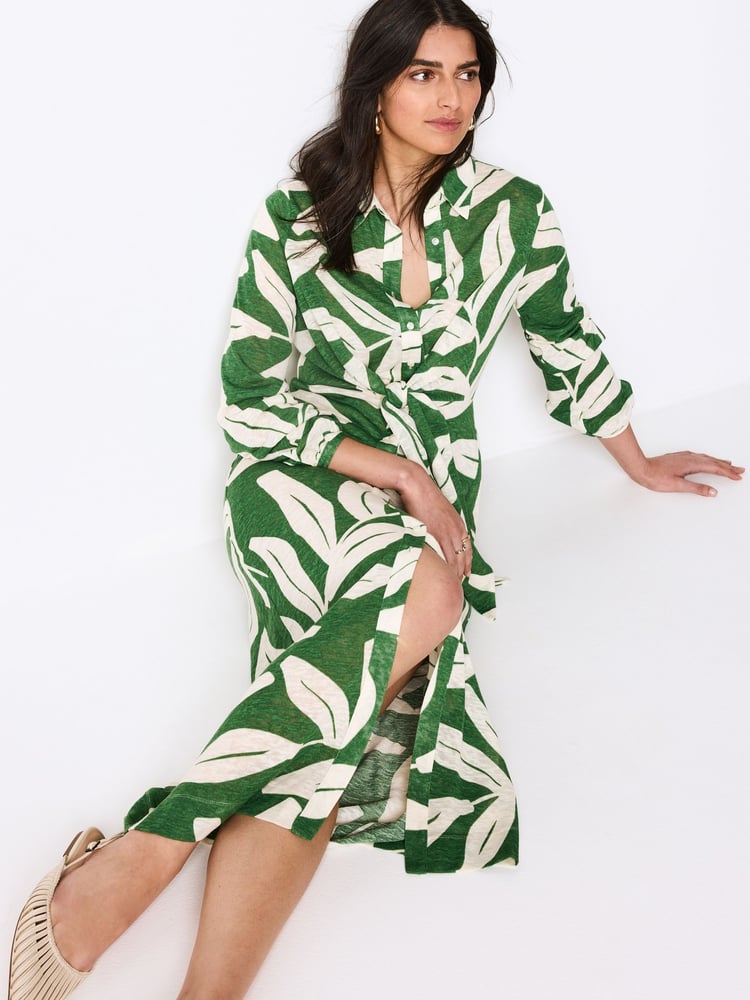 Green Leaf Print Shirt Midi Dress - Image 1 of 6