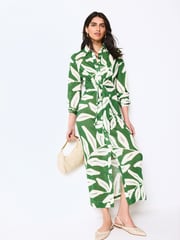 Green Leaf Print Shirt Midi Dress - Image 2 of 6