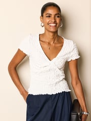 White Textured Twist Front Short Sleeve Top - Image 3 of 6