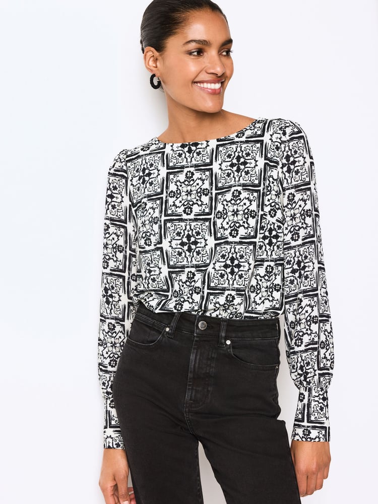 Monochrome Tile Long Sleeve Crew Neck Cuff Blouse - Image 1 of 6