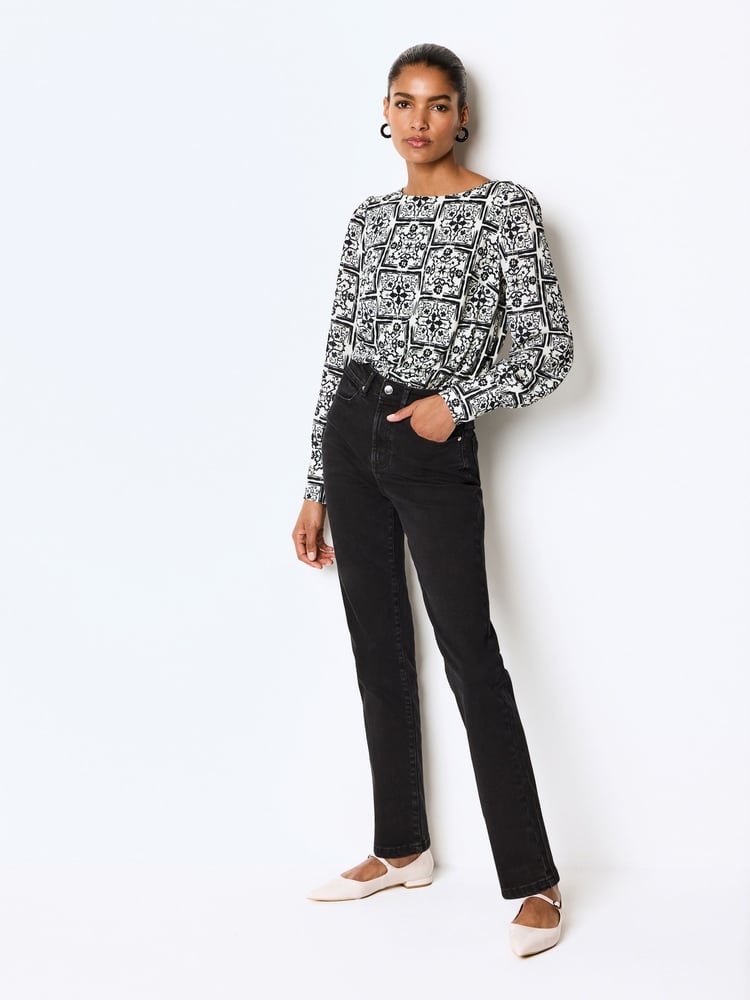 Monochrome Tile Long Sleeve Crew Neck Cuff Blouse - Image 2 of 6
