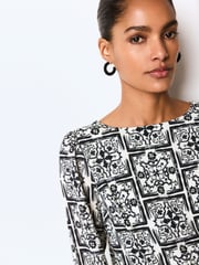 Monochrome Tile Long Sleeve Crew Neck Cuff Blouse - Image 3 of 6