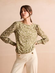 Sage Green Floral Long Sleeve Crew Neck Cuff Blouse - Image 1 of 6