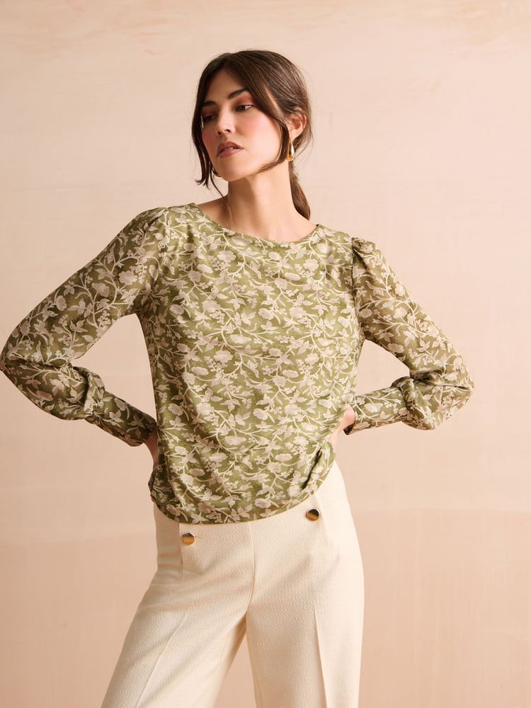 Sage Green Floral Long Sleeve Crew Neck Cuff Blouse - Image 1 of 6