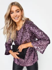 M&Co Purple Sequin Flute Sleeve Top - Image 2 of 6