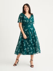 Scarlett & Jo Bottle Green Victoria Angel Sleeve Mesh Midi Dress - Image 1 of 4