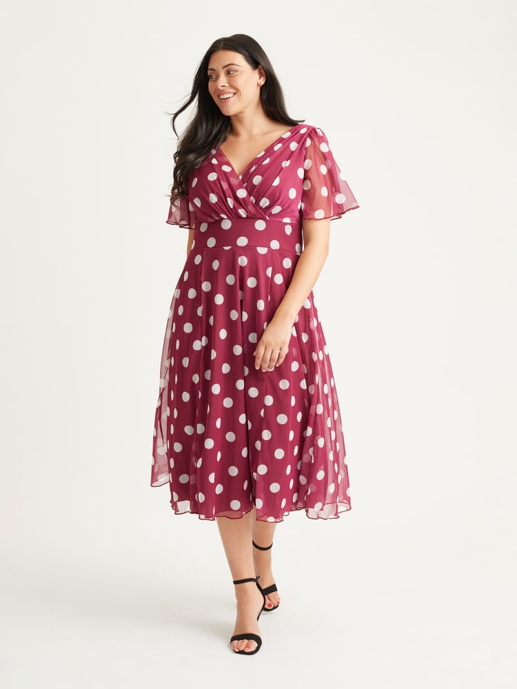 Scarlett & Jo Red Polka Dot Victoria Angel Sleeve Mesh Midi Dress - Image 1 of 4