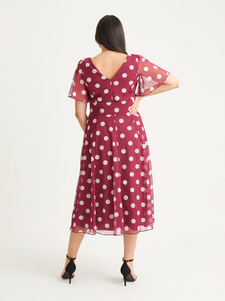 Scarlett & Jo Red Polka Dot Victoria Angel Sleeve Mesh Midi Dress - Image 2 of 4