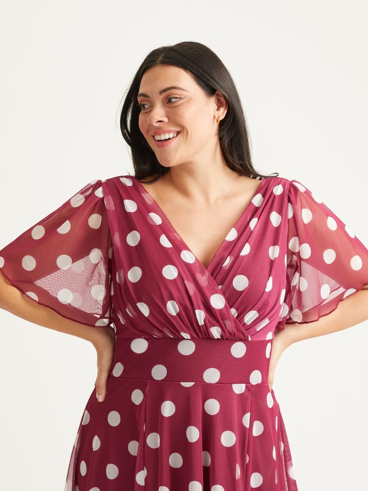 Scarlett & Jo Red Polka Dot Victoria Angel Sleeve Mesh Midi Dress - Image 4 of 4