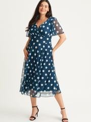 Scarlett & Jo Teal Blue Polka Dot Victoria Angel Sleeve Mesh Midi Dress - Image 1 of 4
