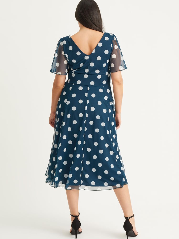 Scarlett & Jo Teal Blue Polka Dot Victoria Angel Sleeve Mesh Midi Dress - Image 2 of 4