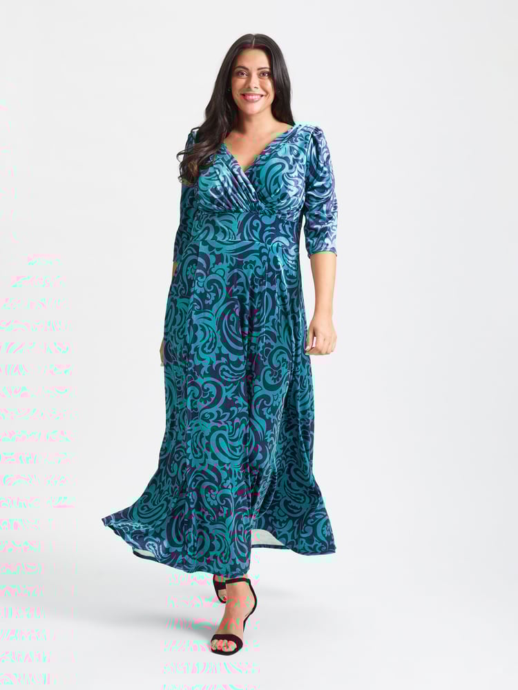 Scarlett & Jo Teal Blue Print Verity Pucci Velvet Maxi Gown - Image 1 of 5