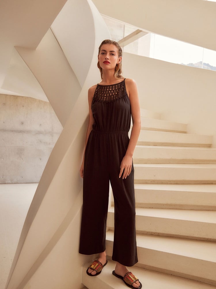 Black Crochet Detail Sleeveless Wide Leg 100% Cotton Jumpsuit - Image 1 of 6
