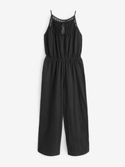 Black Crochet Detail Sleeveless Wide Leg 100% Cotton Jumpsuit - Image 5 of 6