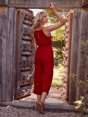 Red Crochet Detail Sleeveless Wide Leg Cotton Jumpsuit - Image 3 of 6