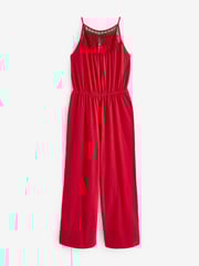 Red Crochet Detail Sleeveless Wide Leg Cotton Jumpsuit - Image 5 of 6