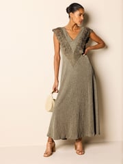 Khaki Green Crochet V-Neck Midi Dress - Image 1 of 4