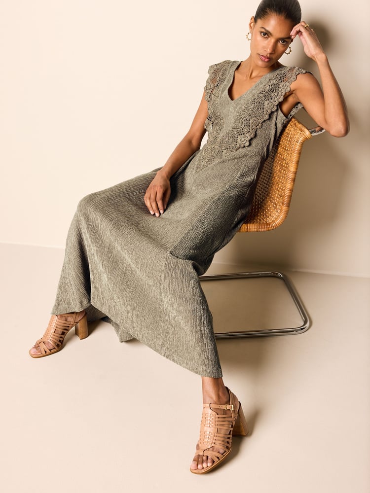 Khaki Green Crochet V-Neck Midi Dress - Image 2 of 4