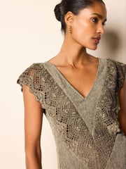 Khaki Green Crochet V-Neck Midi Dress - Image 4 of 4