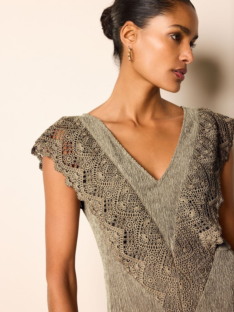 Khaki Green Crochet V-Neck Midi Dress - Image 4 of 4