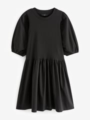 Black Puff Sleeve Mini Jersey Dress - Image 1 of 4