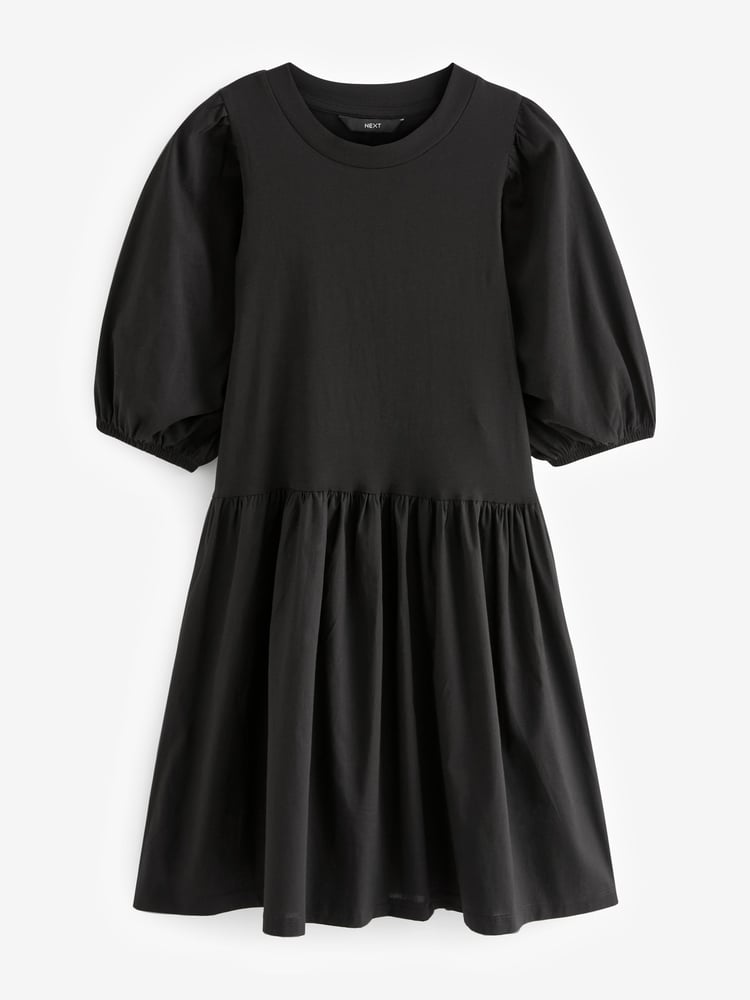 Black Puff Sleeve Mini Jersey Dress - Image 1 of 4