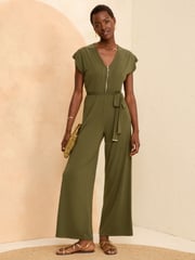 Love & Roses Khaki Green Jersey Zip Detail Wide Leg Jumpsuit - Image 1 of 4