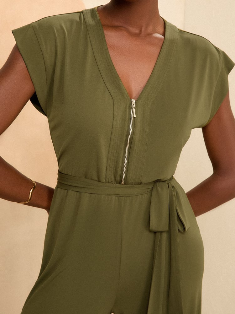 Love & Roses Khaki Green Jersey Zip Detail Wide Leg Jumpsuit - Image 2 of 4