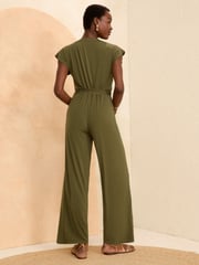 Love & Roses Khaki Green Jersey Zip Detail Wide Leg Jumpsuit - Image 3 of 4