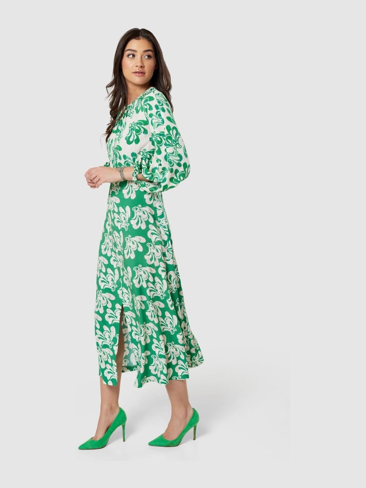 Closet London Green Print GatheNeck Midi Dress - Image 1 of 4 Closet London Green Print GatheNeck Midi Dress - Image 1 of 4