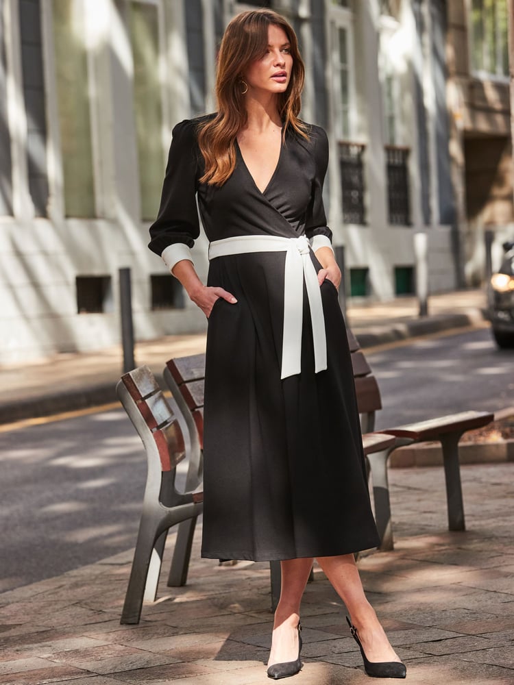 Sosandar Black Contrast Trim Belted Midi Jersey Wrap Dress - Image 1 of 5