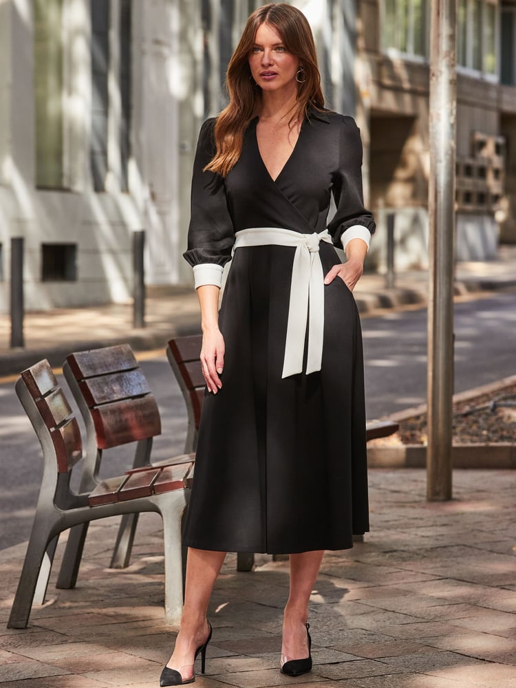 Sosandar Black Contrast Trim Belted Midi Jersey Wrap Dress - Image 5 of 5