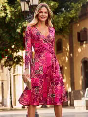 Sosandar Pink Multi Print Faux Wrap Midi Jersey Dress - Image 1 of 5