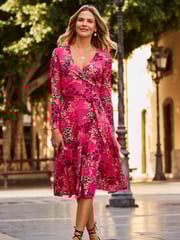 Sosandar Pink Multi Print Faux Wrap Midi Jersey Dress - Image 3 of 5