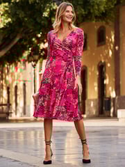 Sosandar Pink Multi Print Faux Wrap Midi Jersey Dress - Image 4 of 5