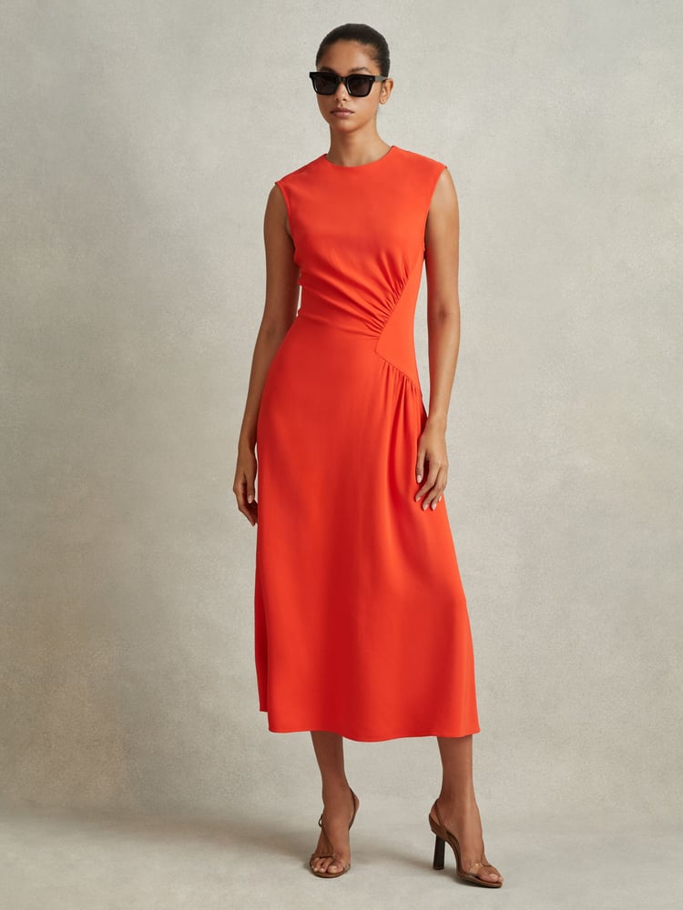 Reiss Orange Stacey Ruched Midi Dress - Image 1 of 6