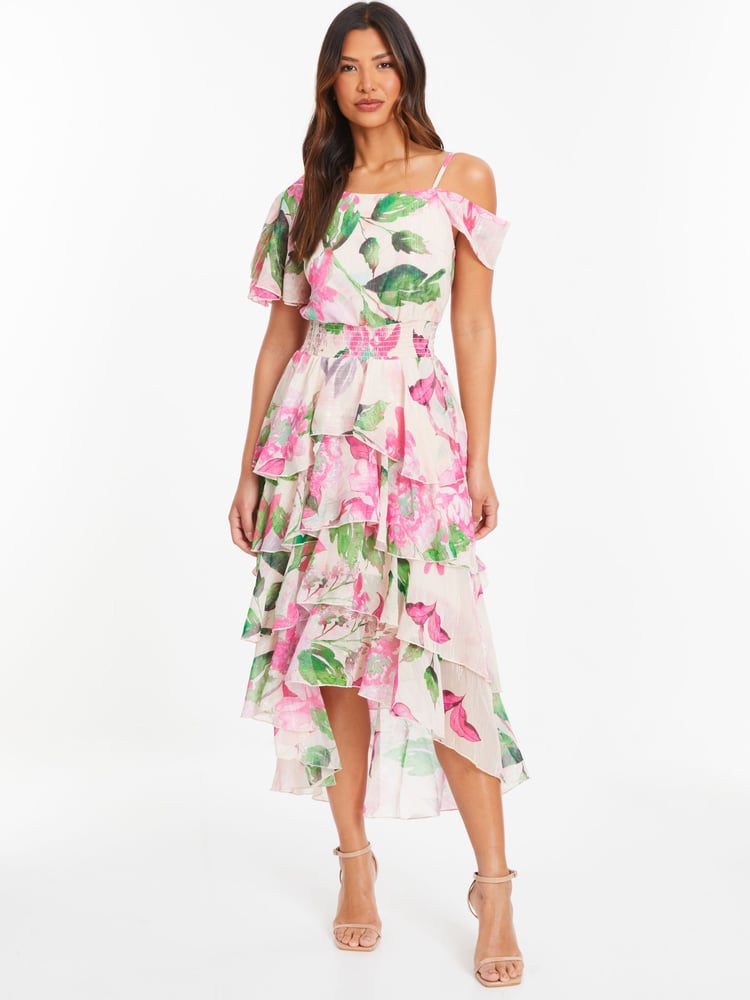 Quiz Natural Chiffon Cold Shoulder Tiered Dip Hem Dress - Image 1 of 4