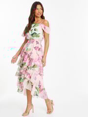 Quiz Natural Chiffon Cold Shoulder Tiered Dip Hem Dress - Image 3 of 4
