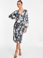 Quiz Grey Smudge Crepe Long Sleeve Midi Dress - Image 1 of 6