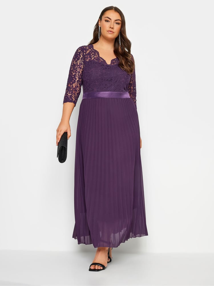 Yours Curve Purple Lace Wrap Pleated Maxi Dress - Image 1 of 4