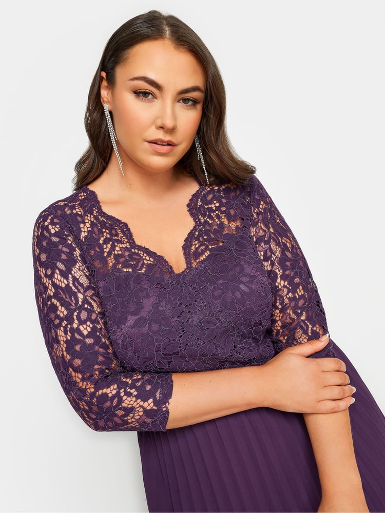 Yours Curve Purple Lace Wrap Pleated Maxi Dress - Image 4 of 4