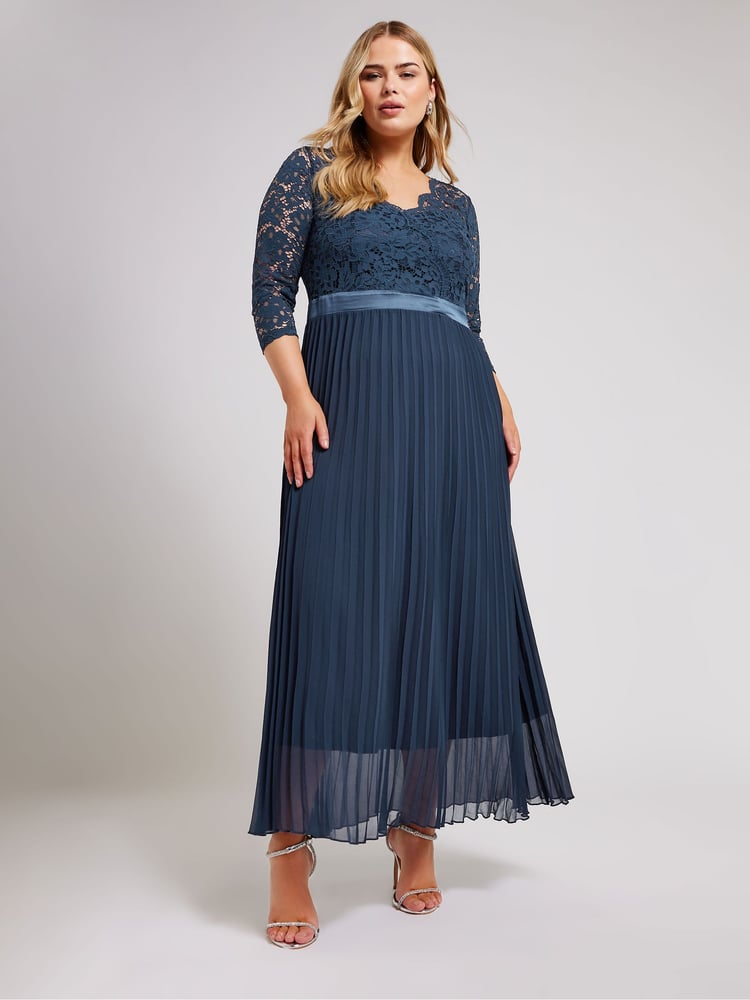 Yours Curve Blue Lace Wrap Pleated Maxi Dress - Image 1 of 3