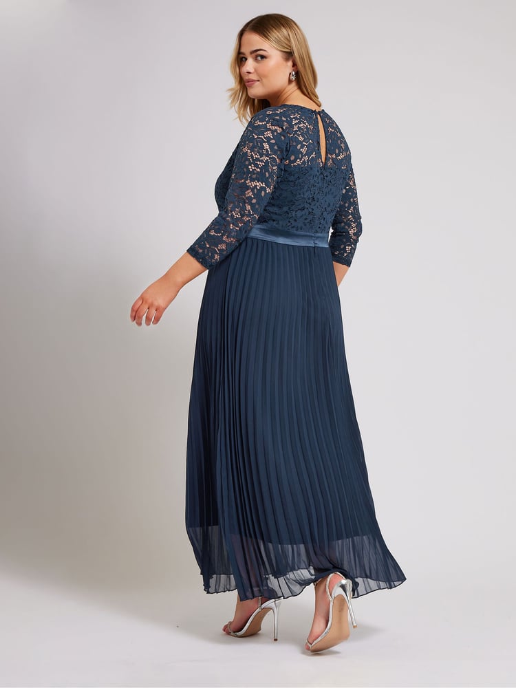 Yours Curve Blue Lace Wrap Pleated Maxi Dress - Image 2 of 3